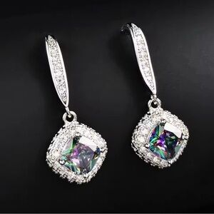 Mystic Topaz Halo Drop Earrings - Silver Tone
